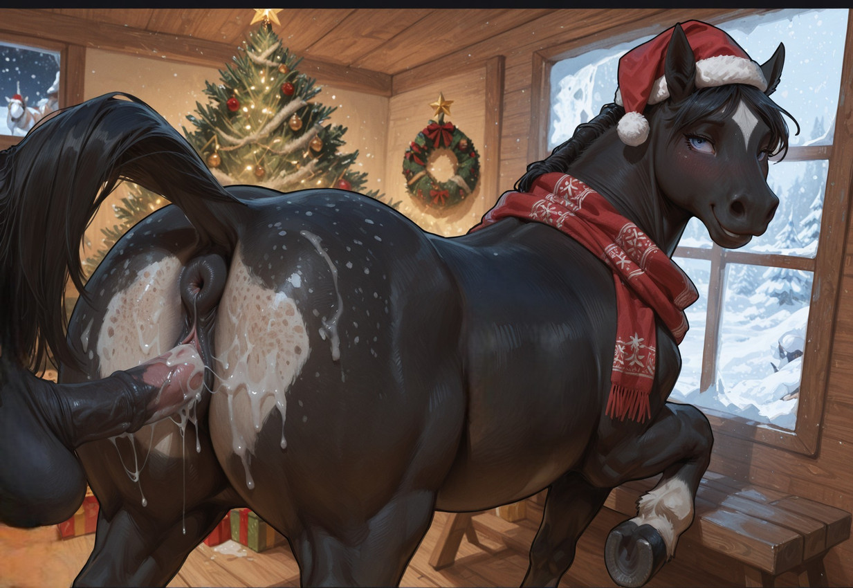 animal_genitalia animal_penis animal_pussy anus balls big_balls big_butt big_penis big_pussy black_balls black_body black_fur black_mane black_penis blue_eyes bodily_fluids butt christmas christmas_clothing christmas_headwear clitoral_winking clitoris clothing cum cum_in_pussy cum_inside dark_balls dark_penis disembodied_penis duo ejaculation equine_genitalia equine_penis equine_pussy erection female feral fur genital_fluids genitals glistening glistening_genitalia glistening_penis hat headgear headwear huge_balls large_penetration long_penis looking_at_viewer looking_back looking_back_at_viewer male mane medial_ring multicolored_penis orgasm penetration penile penile_penetration penis penis_in_pussy pink_penis plant presenting presenting_hindquarters presenting_pussy pussy pussy_juice realistic_feral rear_view saggy_balls santa_hat smile solo standing tree two_tone_penis vaginal vaginal_penetration vein veiny_penis mare_fan_ultimate equid equine mammal hi_res