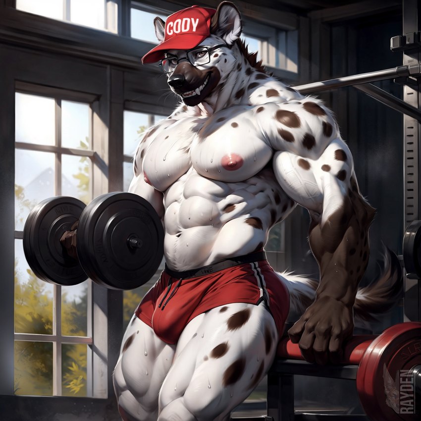 anthro athletic bodily_fluids bottomwear brown_eyes brown_hair brown_spots canine_teeth clothing dumbbell exercise eyewear fur glasses grin gym gym_bottomwear gym_clothing hair hat headgear headwear hyper_pecs looking_at_viewer male muscular nipples pecs red_bottomwear red_clothing smile solo spots spotted_body spotted_fur standing sweat weights white_body white_fur window workout rayden cody_(code_0_0) hyaenid mammal hi_res