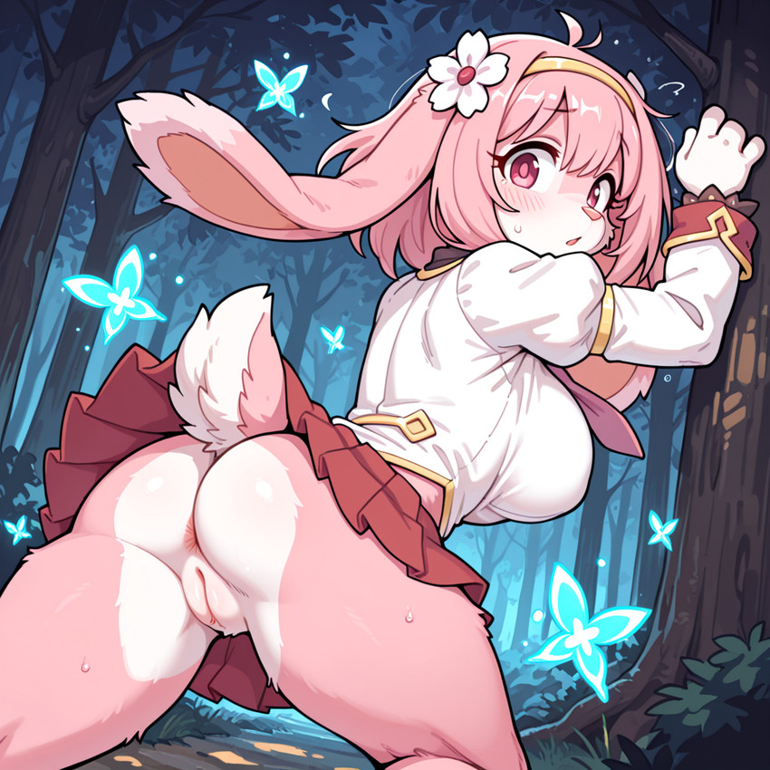 anthro anus bent_over bottomless bottomwear butt clothed clothing female forest genitals plant presenting presenting_hindquarters pussy skirt solo tree denis0k lagomorph leporid mammal rabbit