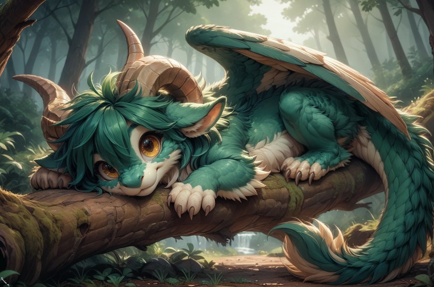 amber_eyes ambiguous_gender claws countershading curled_horn dirt feral fluffy fluffy_tail forest fur green_body green_fur green_hair green_nose green_scales hair horn inner_ear_fluff log looking_at_viewer lying moss on_front plant scales smile solo tree tuft waterfall wings wood fenix_ai dragon furred_dragon