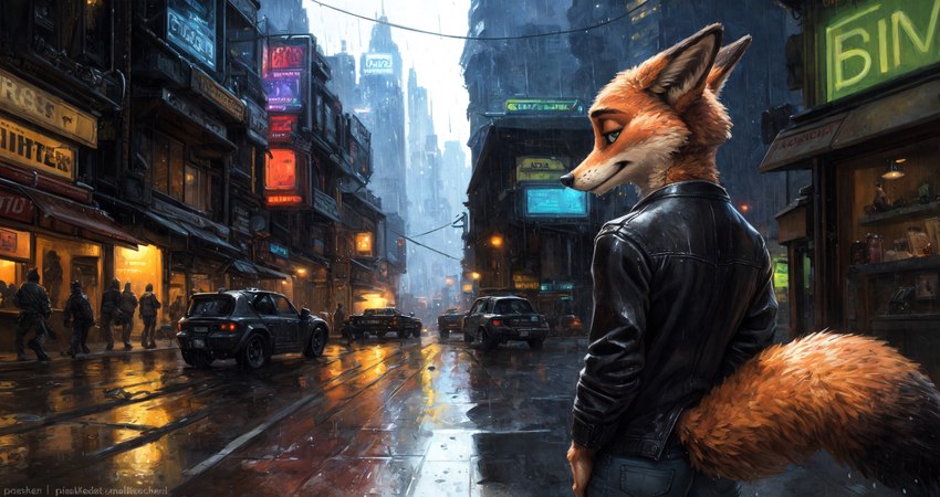 amazing_background anthro car city city_background clothed clothing detailed_background fully_clothed jacket looking_at_viewer looking_back looking_back_at_viewer male raining solo topwear vehicle zootopia hank94_(director) nick_wilde canid canine fox mammal attempted_signature hi_res oil_painting_(artwork) painting_(artwork) traditional_media_(artwork)