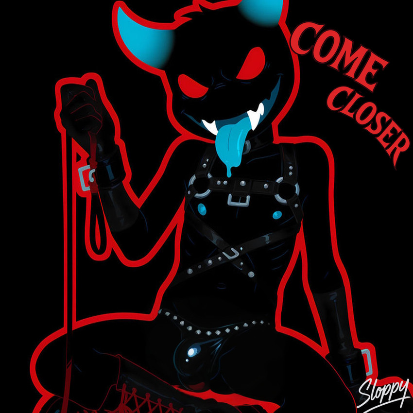 ambiguous_gender anthro balls belt big_mouth_(anatomy) black_balls black_body black_boots black_clothing black_footwear black_skin black_thong black_underwear blue_horn blue_mouth blue_nipples blue_tongue bodily_fluids boots bulge clothing collar cuff_(restraint) dominant dominant_male dominant_pose dripping drooling erection evil_grin fangs footwear genitals gloves handwear harness head_tuft holding_leash holding_object horn laced_boots laces leash leather leather_clothing leather_cuffs leather_gloves leather_handwear leather_harness leather_thong male metal nipples noseless not_furry outline red_eyes restraints saliva saliva_drip sharp_teeth smile solo straps studded_belt suggestive teeth thong tongue tuft underwear sloppycat halloween_2025 demon ghost humanoid monster spirit digital_media_(artwork) hi_res line_art