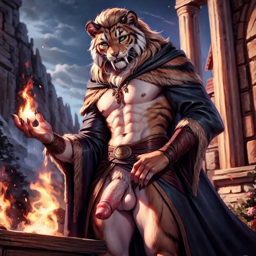 abs anthro balls fangs fire fur genitals glans green_eyes hair humanoid_genitalia humanoid_penis long_fangs looking_at_viewer magic_user male markings muscular nipples nude pecs penis smile solo striped_body striped_fur striped_markings stripes thunderwolf felid machairodontine mammal pantherine tiger