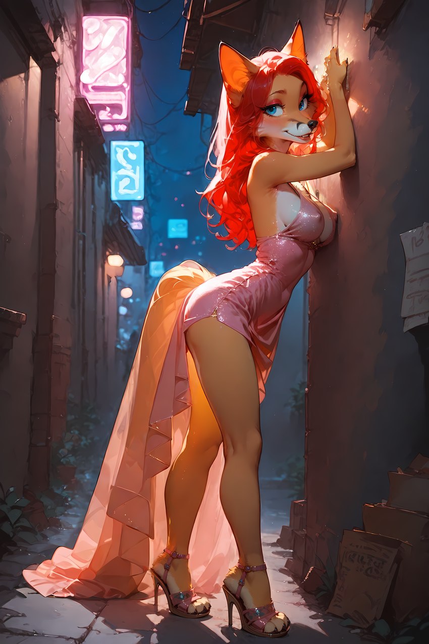 alley anthro blue_eyes breasts claws clothed clothing dress eyelashes eyeshadow feet female footwear fur hair high_heels light long_eyelashes long_hair makeup medium_breasts neon neon_lights night nipple_outline orange_body orange_fur pink_clothing pink_dress pose red_hair sandals seductive side_view skimpy slim smile solo solo_focus standing teasing toes merl canid canine fox mammal red_fox absurd_res hi_res lighting