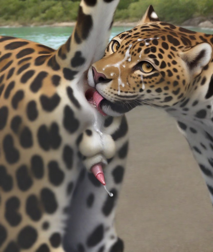 ambiguous_gender anal animal_genitalia animal_penis anus balls bodily_fluids cum cum_on_balls cum_on_face depth_of_field dripping duo erection feline_balls feline_penis feline_sheath feral feral_on_feral gaping gaping_anus genital_fluids genitals leaking_precum licking looking_at_viewer male male/ambiguous oral outside penis plant precum precum_drip raised_tail rimming river saliva sex sheath shoreline side_view tongue tongue_out tree yellow_eyes drla felid jaguar mammal pantherine hi_res