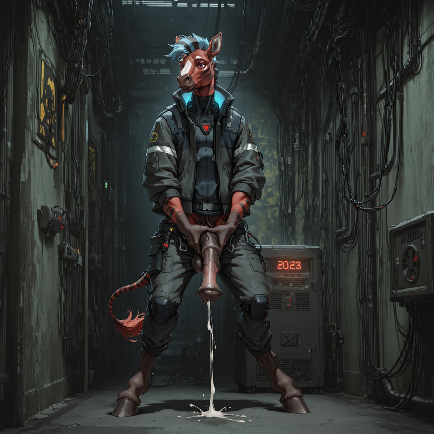 anatomically_correct anatomically_correct_genitalia anatomically_correct_penis animal_genitalia animal_penis anthro blue_mane bodily_fluids cum cum_dripping_from_penis cum_on_ground cumshot ejaculation equine_penis genital_fluids genitals graythezebra_(character) hands hooves male mane penis red_body solo stripes director_zerumi equid equine mammal zebra hi_res