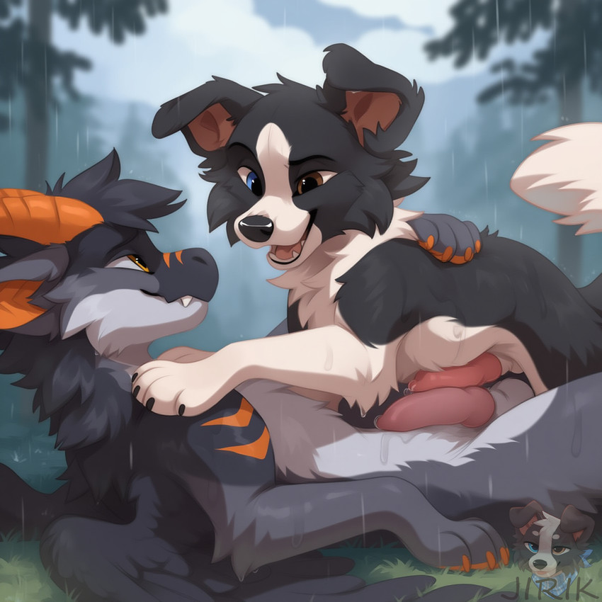 4_toes animal_genitalia animal_penis balls black_body black_fur bodily_fluids canine_genitalia canine_penis cheek_tuft claws duo erection eye_contact facial_tuft feathered_wings feathers feet feral feral_on_feral floppy_ears fluffy fluffy_tail frottage fur genital_fluids genitals grey_body grey_fur hair heterochromia horn knot leaking_precum looking_at_another lying lying_on_another male male/male male_on_feral markings multicolored_body multicolored_fur mythology neck_tuft on_back orange_eyes orange_inner_ear orange_markings orange_toe_claws paws penis pink_inner_ear precum precum_on_penis raining sex sheath smile tail toe_claws toes tuft wet wet_body wet_fur white_body white_fur wings jirikdos grayson_(jirikdos) oreo_(jirikdos) border_collie canid canine canis collie domestic_dog dragon furred_dragon furred_scalie herding_dog mammal mythological_creature mythological_scalie pastoral_dog scalie sheepdog 2025 hi_res watermark