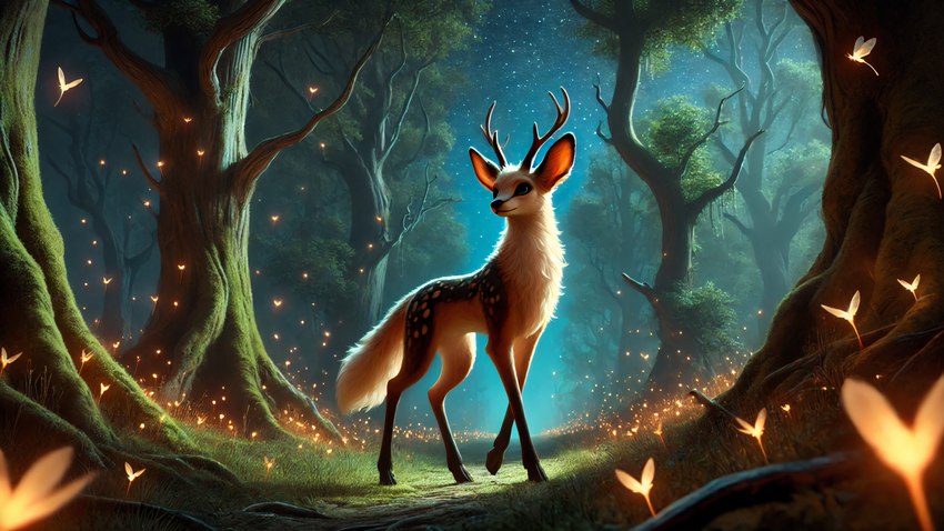 ambiguous_gender antlers big_ears dall-e_3 feral forest fur hooves horn nature night plant solo spots spotted_body spotted_fur tree floofymoff canid canine cervid fox hybrid mammal 16:9 4k absurd_res hi_res wallpaper widescreen