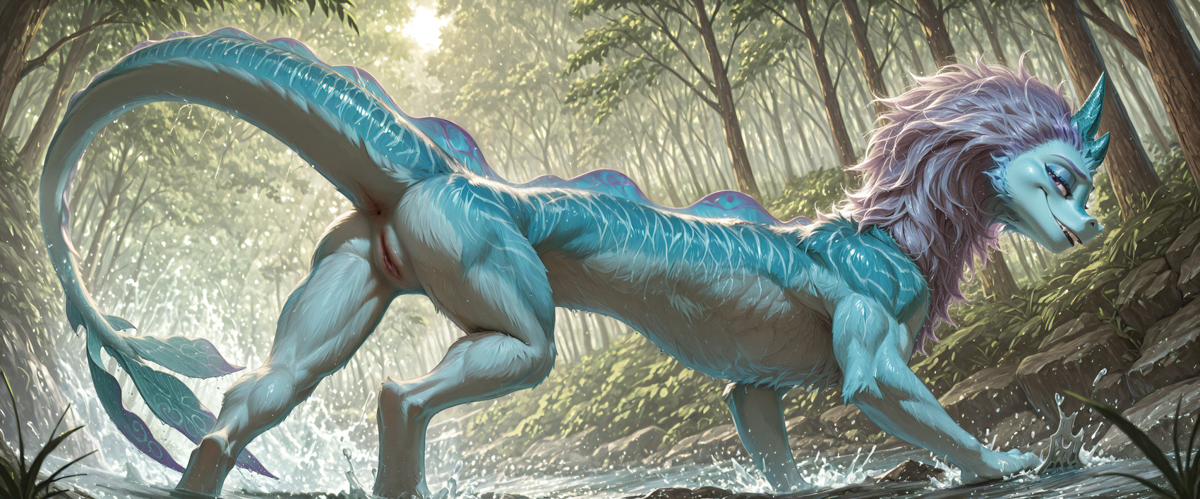 2_horns butt female feral genitals horn looking_at_viewer mane muscular muscular_feral mythology plant presenting presenting_hindquarters pussy river solo stones tail toned-muscles tree water bilgerat_(director) sisu_(ratld) aquatic_dragon dragon eastern_dragon marine mythological_creature mythological_scalie scalie hi_res