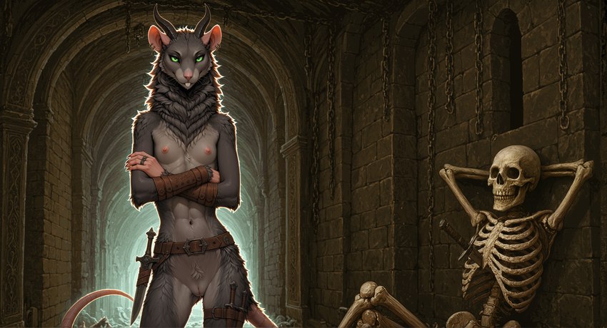 anthro armor arms_crossed backlighting belt bodily_fluids bone bracers breasts buckteeth chain claws dagger dungeon ear_piercing ear_ring female fluffy fur genital_fluids genitals green_sclera hands_behind_head horn innie_pussy light looking_at_viewer melee_weapon neck_tuft nipples nude piercing pussy pussy_juice rat_ears rat_tail ring_piercing sitting skeleton skull slim small_breasts smile solo standing teeth tuft weapon whiskers oldhroft mammal murid murine rat rodent skaven absurd_res hi_res lighting