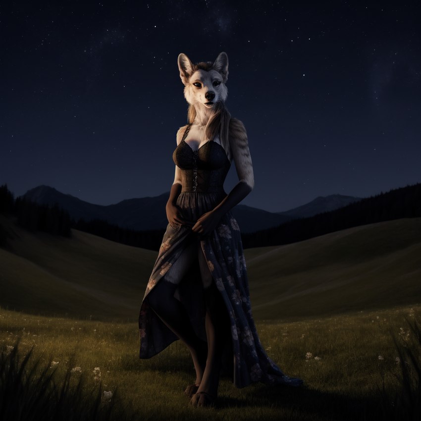 anthro clothing corset detailed_background dress female gloves_(marking) grass hair inner_ear_fluff leg_markings lingerie markings meadow night outside photorealism plant shadow sky socks_(marking) solo solo_focus stable_diffusion star starry_sky topwear tuft gopossum canid mammal detailed