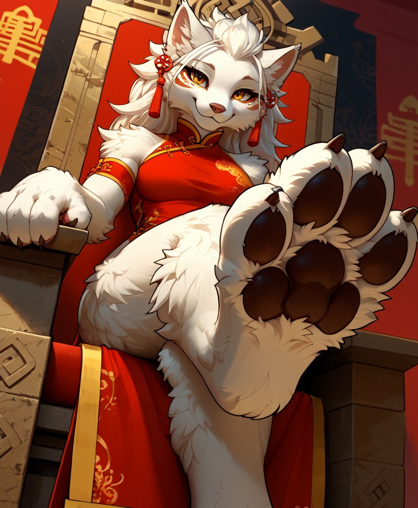 anthro asian_clothing breasts chair chinese_clothing clothing east_asian_clothing feet female foot_focus fur furniture looking_at_viewer pawpads paws smile solo solo_focus throne white_body white_fur yellow_eyes vvartech felid feline mammal