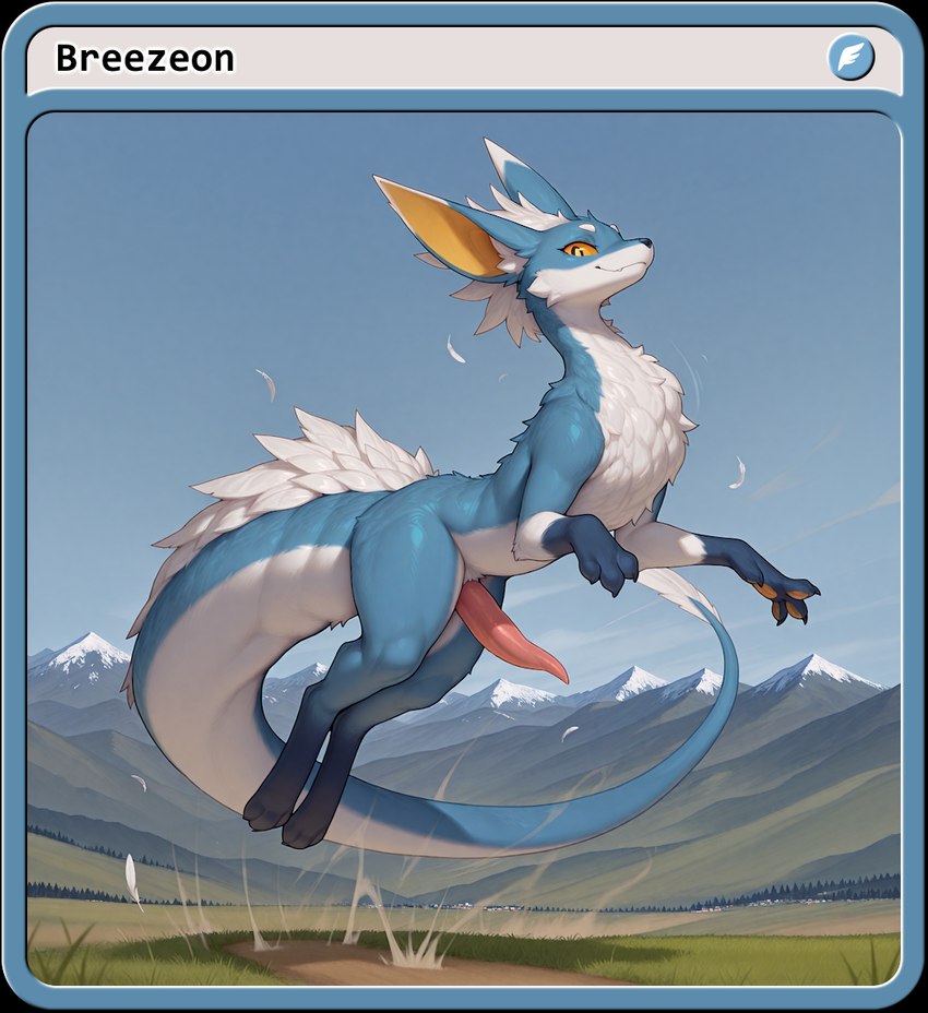 avian_penis big_ears feathers feral fluffy genitals levitation looking_at_viewer male mountains penis solo tail_feathers tapering_penis wind yellow_sclera nonimousmate dragon eeveelution hybrid pokemon_(species) wyrm_(dragon)