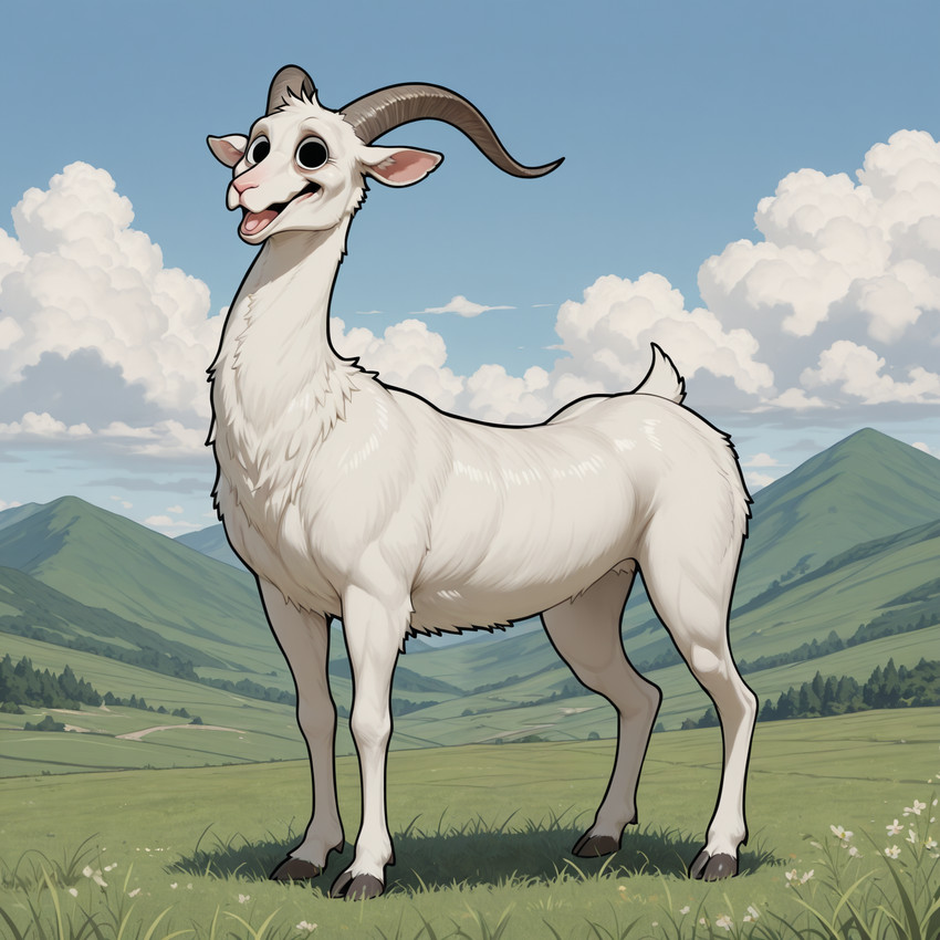 ambiguous_gender cloud cloudy_sky feral fur grass grassland hill hooves horn humor looking_at_viewer plant solo trollface japedoo bovid caprine goat hybrid mammal 2025 hi_res meme