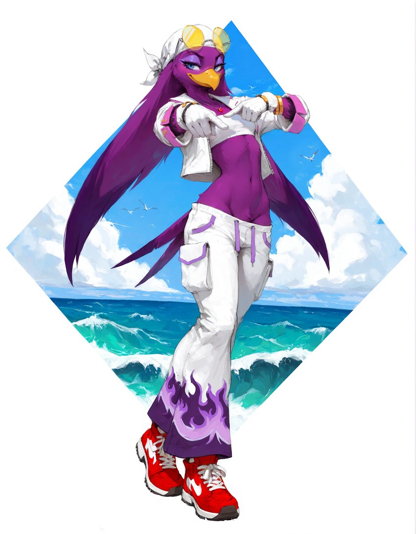 abstract_background baggy_clothing bandanna beak biped blue_eyes bottomwear bottomwear_down breasts clothed clothing clothing_lift cloud confident crop_top crotch_tuft day eyelashes eyewear eyewear_on_head feathers female flat_chested footwear glasses gloves hair handwear headkerchief jacket jewelry kerchief long_hair looking_at_viewer midriff narrowed_eyes navel necklace non-mammal_breasts outside pants pants_down partially_clothed pinup pose pubes purple_body purple_feathers sea shirt shirt_lift shoes sky small_breasts small_waist smile smug sneakers solo standing sunglasses sunglasses_on_head tail topwear tuft water white_bottomwear white_clothing white_footwear white_gloves white_handwear white_jacket white_pants white_shoes white_topwear yellow_beak gshepanon sonic_the_hedgehog_(series) wave_the_swallow ambient_bird avian bird hirundinid oscine passerine swallow_(bird) hi_res