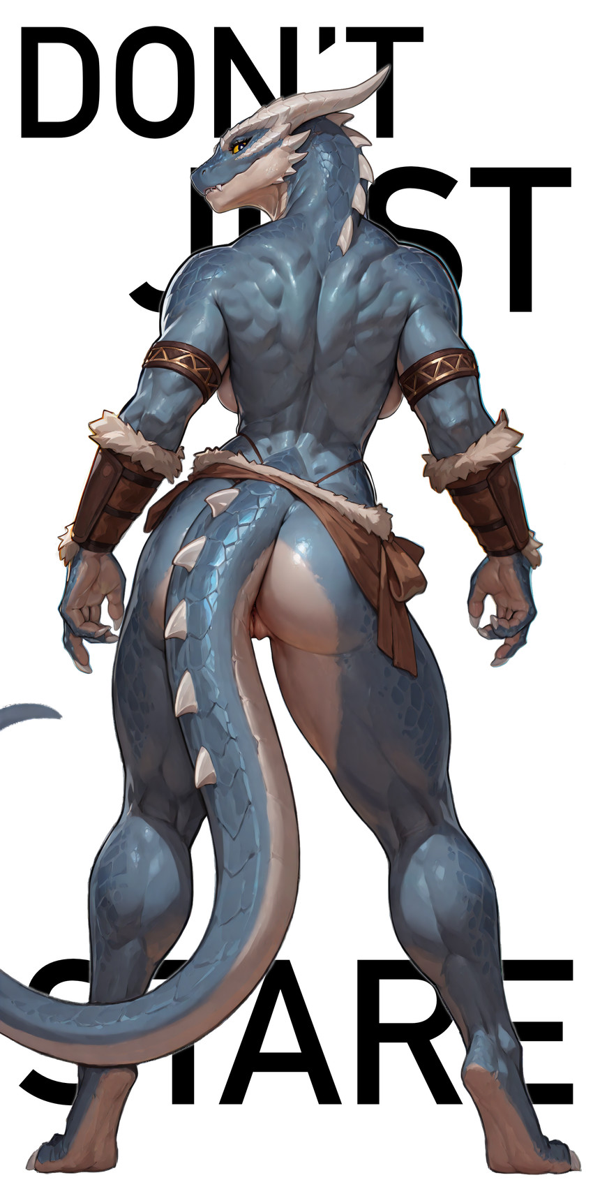 5_fingers anthro armor butt clothed clothing feet female fingers fur-trimmed_clothes genitals horn looking_at_viewer looking_back looking_back_at_viewer mostly_nude multicolored_body muscular muscular_anthro muscular_female pussy rear_view scales simple_background skimpy solo standing tail text toes unconvincing_armor worried_information_(director) nalani_(worried_information) dragonborn_(dnd) reptile scalie absurd_res english_text full-length_portrait hi_res portrait