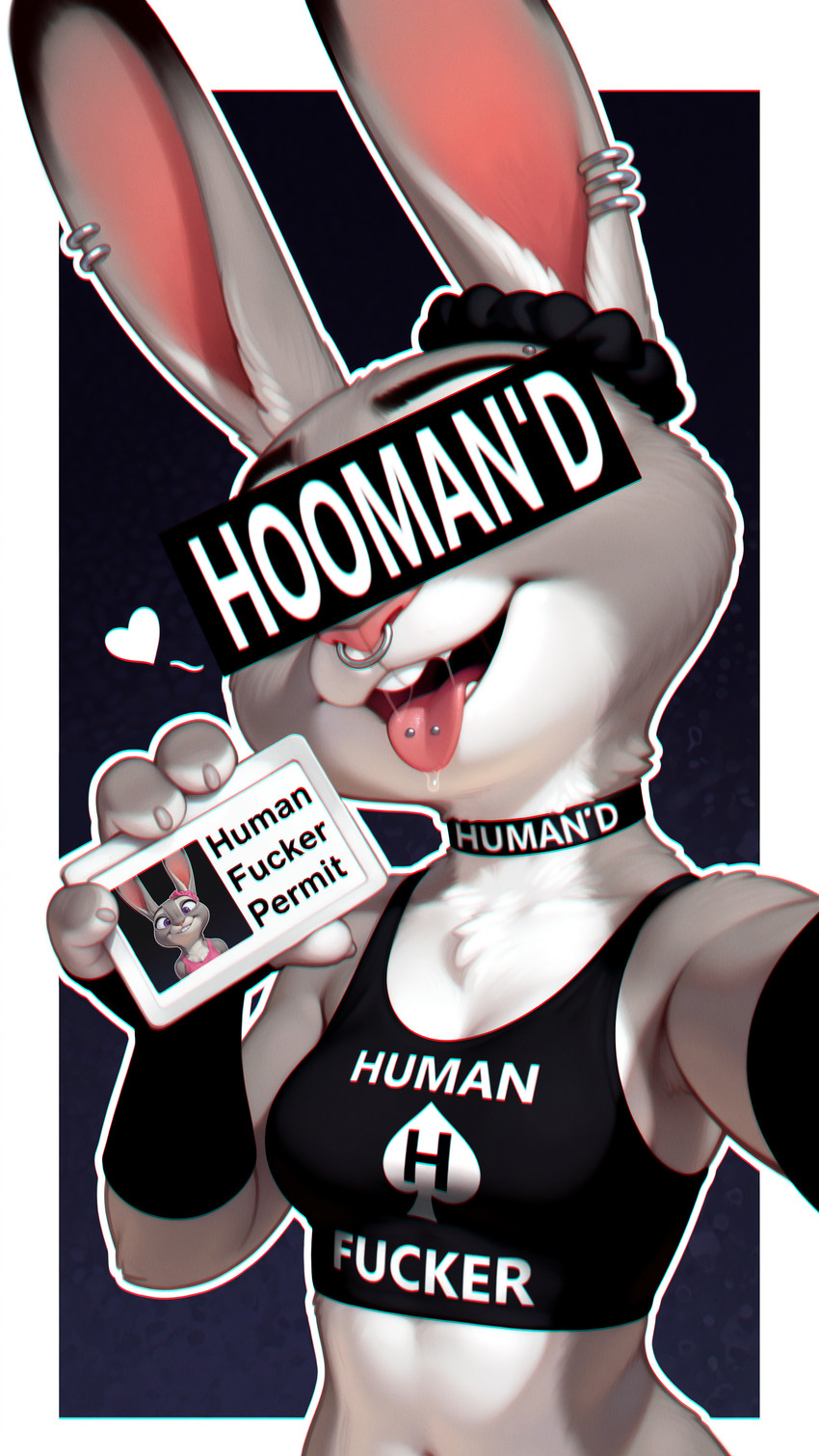 <3 anthro barbell_piercing black_clothing bodily_fluids border breasts buckteeth censor_bar chest_fur chest_tuft choker chromatic_aberration clothing covered_eyes crop_top dripping ear_piercing eyebrow_piercing facial_piercing female film_grain fingerless_gloves fur gloves goth gothic grey_body grey_fur handwear head_tilt hoop_piercing human'd human_fetish human_fucker_permit id_card jewelry logo logo_on_clothing looking_at_viewer midriff mouth_closed multicolored_body multicolored_fur navel necklace nose_piercing nose_ring open_mouth outline outside_border piercing pink_clothing pink_shirt pink_tank_top pink_topwear prompt purple_eyes rabbit_ears ring_piercing saliva saliva_drip saliva_on_tongue saliva_string scrunchie selfie shirt simple_background small_breasts smile solo tank_top teeth text thick_outline tongue tongue_out tongue_piercing topwear tuft two_tone_body two_tone_fur white_body white_border white_fur white_outline joe420 disney zootopia judy_hopps lagomorph leporid mammal rabbit absurd_res alternate_version_at_source english_text hi_res meme portrait prompt_metainfo