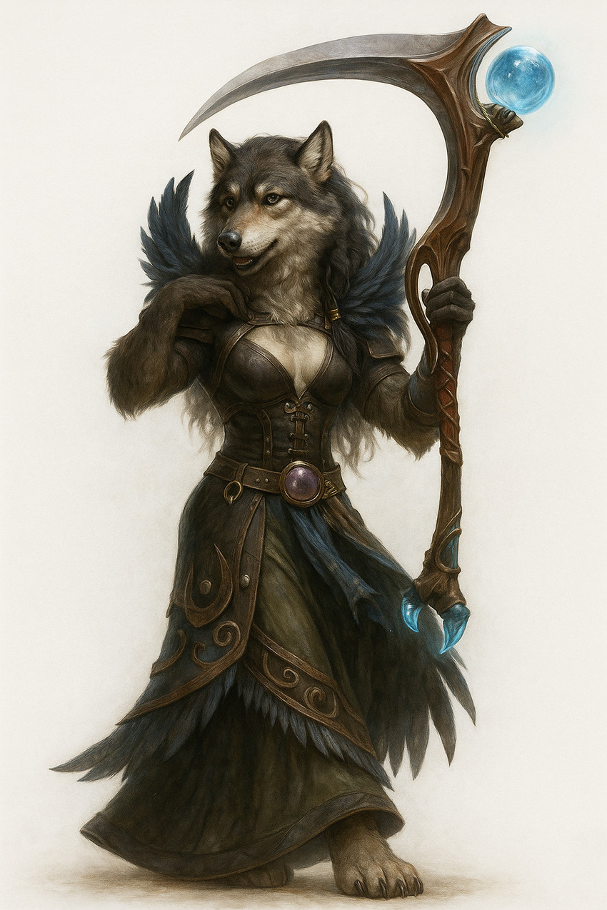 4_toes anthro armor blizzard_entertainment breasts brown_eyes claws cleavage clothed clothing digitigrade feathers feet female fur hair holding_object holding_weapon jewelry looking_at_viewer magic_user melee_weapon moon open_mouth polearm robe scythe simple_background smile solo staff standing teeth toe_claws toes tongue tribal_spellcaster weapon white_background footlover95 warcraft canid canine mammal werecanid werecanine werecreature werewolf worgen hi_res