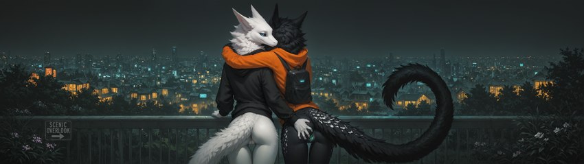 amazing_background anthro anus backpack black_body black_fur black_sclera blue_eyes bottomless bottomless_female butt butt_grab city city_skyline cityscape claws clothed clothing detailed_background duo embrace female female/female flower fluffy fur genitals green_pussy hand_on_butt hoodie hoodie_only hug inner_ear_fluff innie_pussy leaning leaning_forward leaning_on_railing long_tail looking_at_viewer monotone_body monotone_fur mythology neck_tuft night pink_pussy plant presenting presenting_hindquarters presenting_partner presenting_pussy pussy rear_view seductive shrub sign spots spotted_body spotted_fur spread_pussy spreading text thick_tail thigh_gap topwear topwear_only tuft white_body white_fur oldhroft luna_(scalesai) shadow_(oldhroft) avian dragon furred_dragon mythological_creature mythological_scalie scalie velari absurd_res english_text hi_res