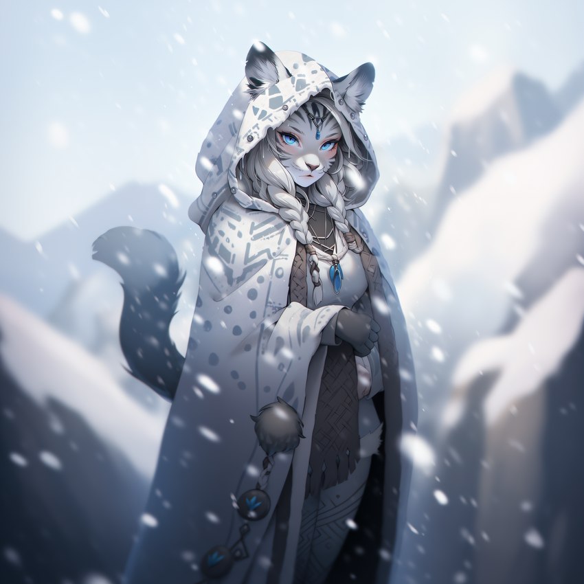 anthro blue_eyes blurred_background bottomwear braided_hair cloak clothing detailed_background female fur hair hood jewelry outside pants snow snowing solo white_body white_fur sappy_(director) felid feline mammal absurd_res hi_res