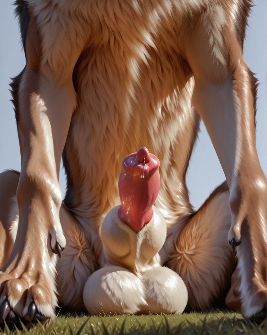 anatomically_correct anatomically_correct_genitalia anatomically_correct_penis animal_genitalia animal_penis balls bodily_fluids canine_genitalia canine_penis claws day erection faceless_character feral genital_fluids genitals grass head_out_of_frame knot knot_in_sheath light low-angle_view male outside paws penis plant precum realistic sheath sitting sitting_on_ground solo sunlight director_yiffy canid canine canis domestic_dog german_shepherd herding_dog mammal pastoral_dog hi_res