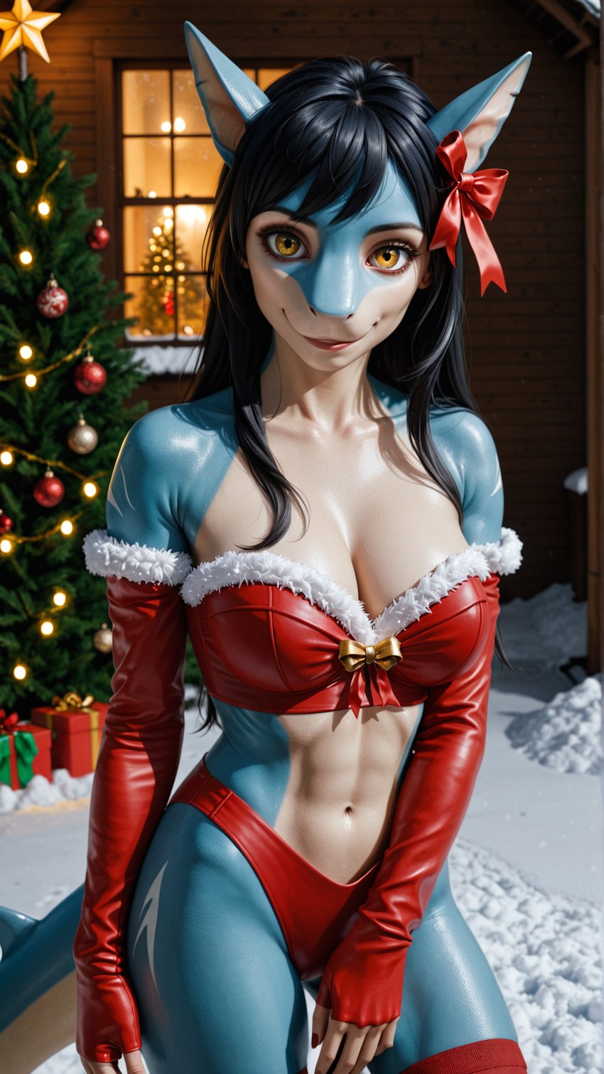 abs animal_ears anthro armwear black_hair bow_(disambiguation) box breasts christmas christmas_ornaments christmas_tree cleavage clothed clothing container elbow_gloves female female_anthro fingerless_gloves fur_trim gift gift_box gloves hair handwear long_hair looking_at_viewer navel panties photorealism photorealistic plant realistic red_bow red_clothing red_gloves red_handwear smile solo stable_diffusion tree underwear yellow_eyes yiffyjiffy2 fish marine shark hi_res watermark