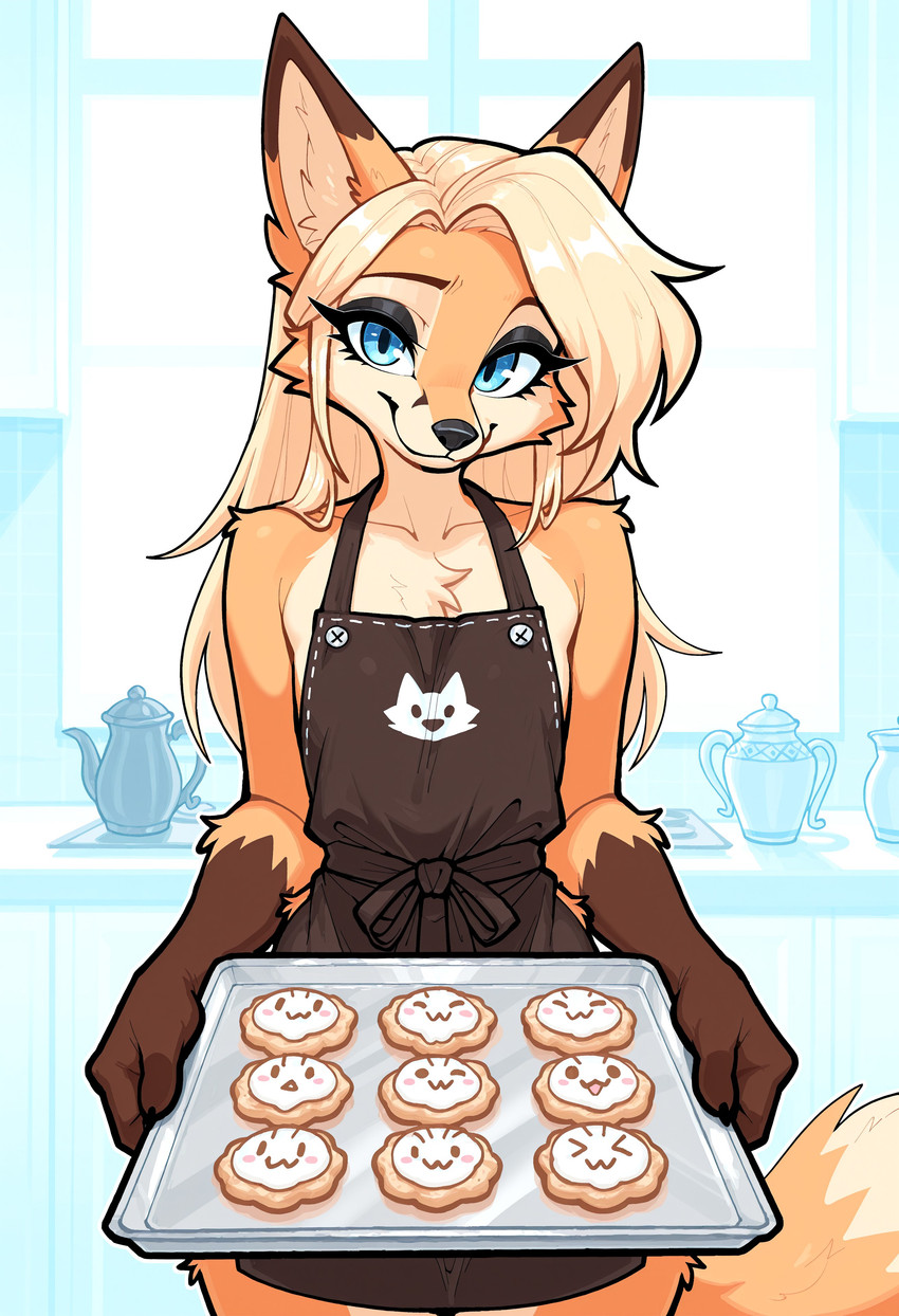 anthro apron apron_only baking_sheet blonde_hair blue_eyes clothing cookie eyelashes eyeshadow female fluffy fluffy_tail food fur hair long_hair makeup mostly_nude orange_body orange_fur smile smiling_at_viewer solo tail oskarjasz canid canine fox mammal absurd_res hi_res