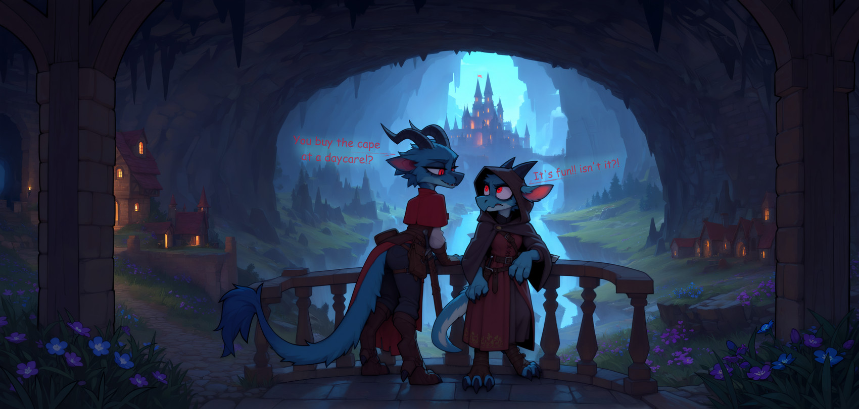 3_toes 4_fingers annoyed anthro black_claws black_horn cape castle castle_background cave cavern claws clothing detailed_background digitigrade dress duo feet female fingers flower fur grass hat headgear headwear horn inside landscape leaning leaning_forward looking_at_another looking_at_partner medieval_background medieval_clothing medieval_fantasy melee_weapon mischievous_expression plant red_eyes sword tail_tuft text toes torch tuft weapon white_body white_fur adragocult furred_kobold kobold absurd_res hi_res