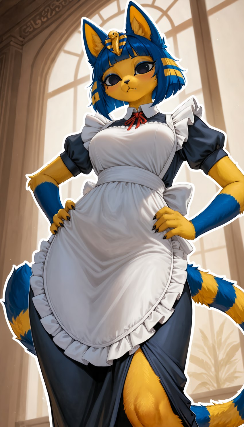 anthro black_eyes blue_body blue_fur blue_hair blush breasts claws clothing female fur hair inside looking_at_viewer low-angle_view maid_uniform medium_breasts mouth_closed outline short_sleeves solo standing uniform yellow_body yellow_fur ayo_keito ankha_(animal_crossing) domestic_cat felid feline felis mammal absurd_res hi_res