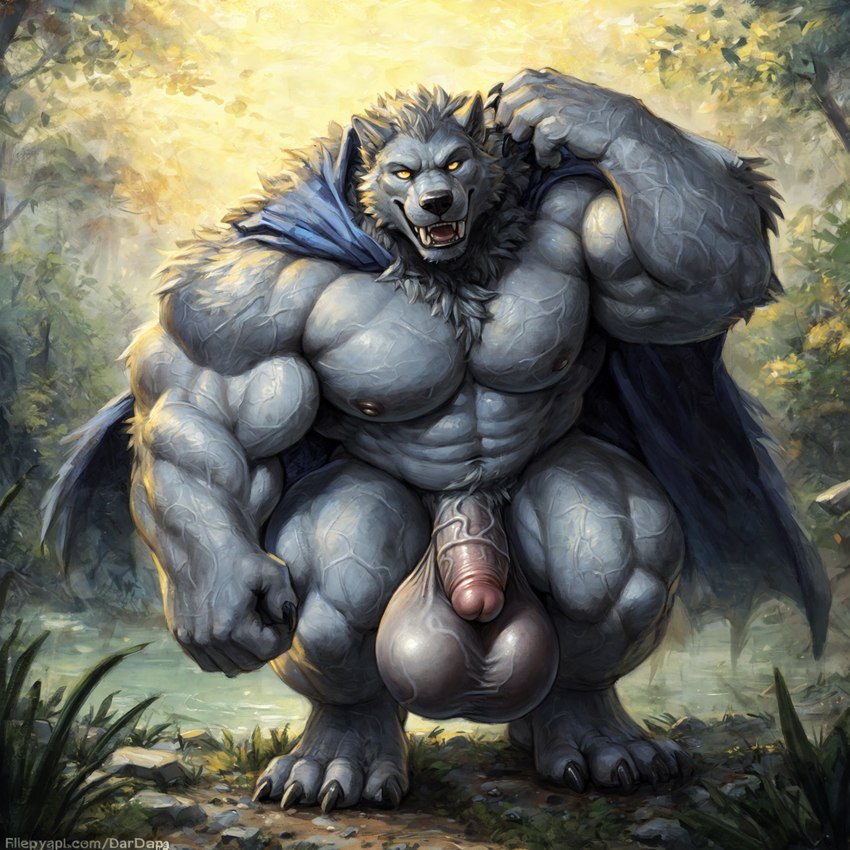 abs anthro balls biceps big_balls big_fangs big_muscles cape clothing elden_ring flaccid forest front_view genitals huge_balls huge_muscles hyper lake looking_at_viewer male muscular muscular_anthro muscular_male nipples nude outside pecs penis plant plantigrade raised_arm solo standing tree vein veiny_balls veiny_muscles veiny_penis yellow_eyes vanzilen blaidd_(elden_ring) canid canine canis mammal wolf full-length_portrait hi_res portrait