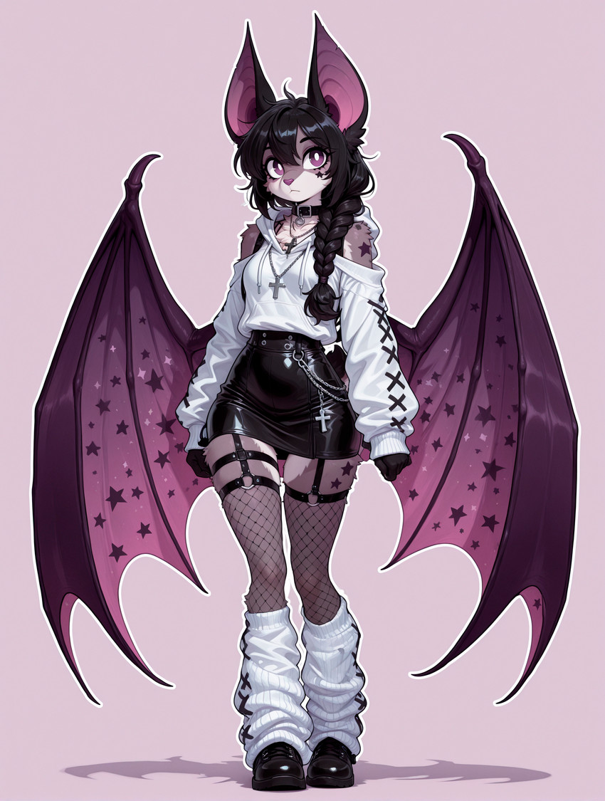 accessory alternative_fashion anthro arm_tattoo bat_ears bat_wings bedroom black_clothing bottomwear braided_hair breasts chain chain_necklace chest_tuft clothing collar cross cross_necklace facial_tattoo female fishnet footwear hair hoodie jewelry leg_warmers legwear looking_at_viewer markings membrane_(anatomy) membranous_wings messy_hair necklace pencil_skirt ponytail purple_eyes shoes shoulder_tattoo shoulderless_shirt simple_background skirt small_breasts solo star_(marking) straps tattoo thigh_strap topwear tuft white_clothing wings loren_iipsum magna bat fish mammal marine absurd_res hi_res