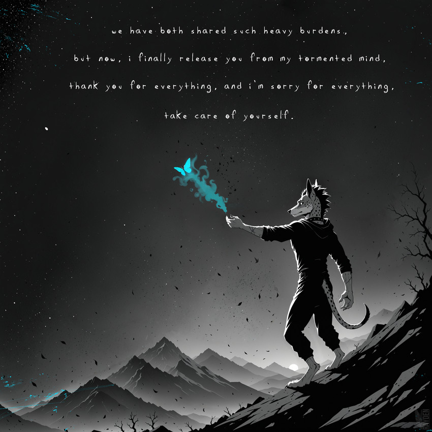 anthro barefoot black_clothing black_collar black_hair black_spots bottomwear clothing collar countershading dark dark_body dark_fur dialogue digitigrade feet fur hair hoodie looking_away male mohawk mountains pants raised_hand scar smoke solo spots star topwear white_body white_countershading rayden sinner_(rayden) arthropod butterfly canid canine canis insect jackal lepidopteran mammal absurd_res comic flat_colors hi_res spot_color watermark