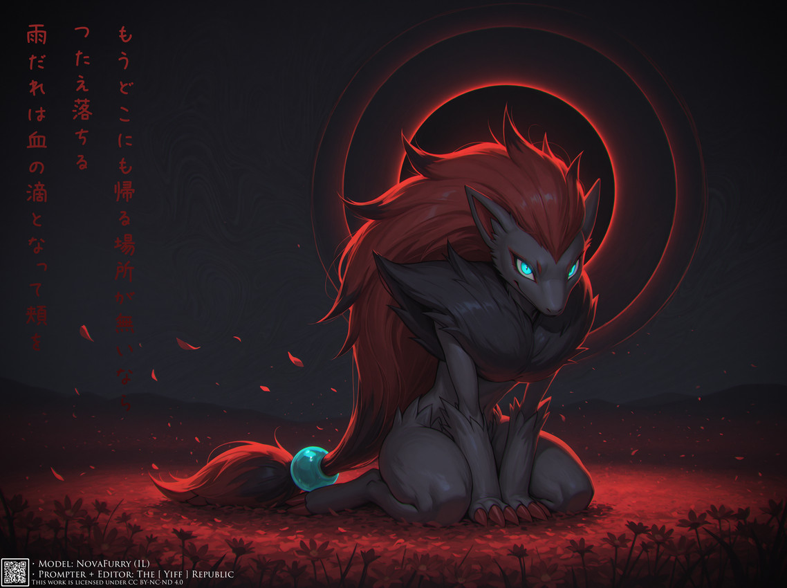 3_fingers abstract_background anthro blue_eyes chromatic_aberration dark female field fingers flower petals plant red_light red_lighting sitting solar_eclipse solo text wind the_yiff_republic nintendo pokemon generation_5_pokemon pokemon_(species) zoroark absurd_res english_text hi_res japanese_text translated
