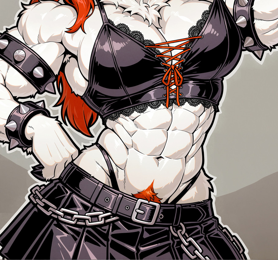 anthro armband bottomwear bracelet chain clothing crop_top female fur hair jewelry lace muscular muscular_female pubes red_hair red_pubes shirt skirt solo spiked_armband spiked_bracelet spikes thong_straps topwear white_body white_fur anonymous_director draft_horse equid equine horse mammal absurd_res hi_res