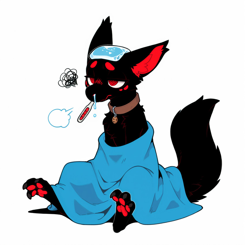 ambiguous_gender anthro bedding black_body black_fur blanket blush bodily_fluids collar feet fur ill inner_ear_fluff kemono markings pawpads paws red_eyes scientific_instrument simple_background sitting snot solo tail thermometer toes tuft white_background anotheranon cookie_(anotheranon) furred_kobold furred_scalie kobold scalie hi_res