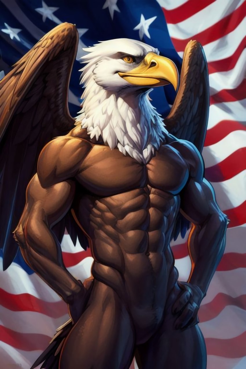 abs anthro athletic athletic_anthro athletic_male beak brown_body feathers featureless_chest featureless_crotch flag_print male muscular muscular_anthro muscular_male nude pecs solo stars_and_stripes tail_feathers united_states_of_america wings yellow_eyes birdovo american_eagle accipitrid accipitriform avian bald_eagle bird eagle sea_eagle hi_res