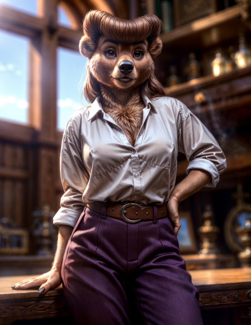 anthro bottomwear brown_body brown_eyes brown_fur brown_hair chest_tuft clothing disney female fur hair pants shirt solo topwear tuft purrfectlyai talespin rebecca_cunningham mammal ursid absurd_res hi_res