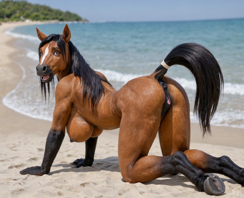 all_fours anatomically_correct animal_genitalia animal_pussy anthro anus beach black_hair black_pussy blurred_background breasts brown_eyes butt detailed_background equine_pussy fake_tail female fur genitals hair hooves looking_at_viewer nipples nude open_mouth outside presenting pussy sand seaside sky solo water lewdtf equid equine horse mammal 3d_(artwork) absurd_res digital_media_(artwork) hi_res