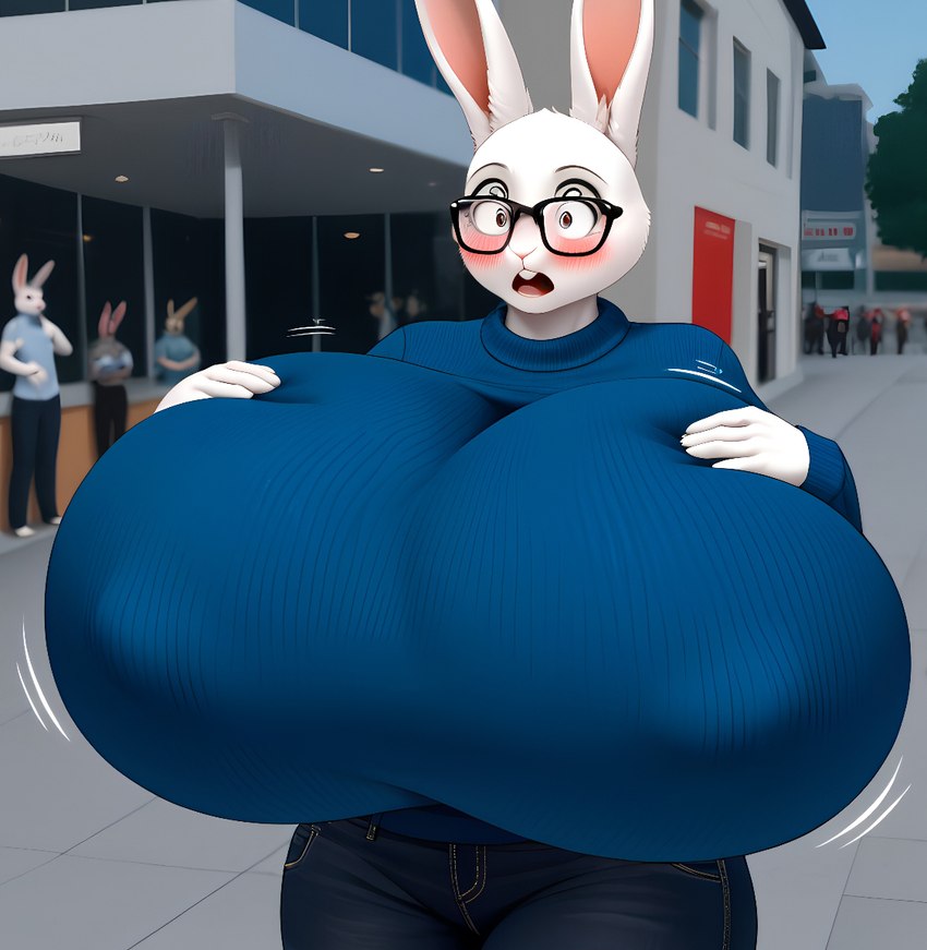 anthro big_breasts blue_clothing blue_sweater blue_topwear blush bottomwear bouncing_breasts breast_expansion breasts clothed clothing denim denim_clothing embarrassed expansion eyewear female fur glasses huge_breasts hyper hyper_breasts inflation jeans nipple_outline pants solo solo_focus surprised_expression sweater topwear white_body ailycanroc_(director) lagomorph leporid mammal rabbit