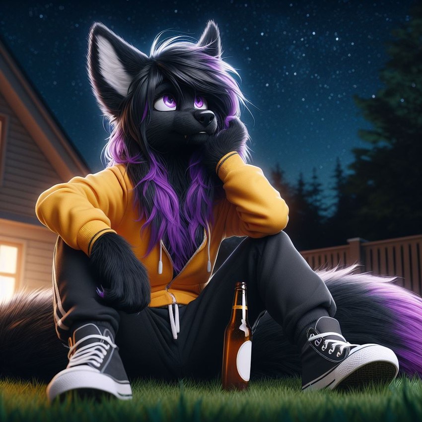 anthro black_body black_fur black_hair bottle clothed clothing female footwear fur grass hair hoodie looking_up night night_sky outside plant purple_eyes purple_hair shoes sneakers solo sweatpants topwear yellow_clothing yellow_jacket omgechounknown canid canine canis mammal wolf