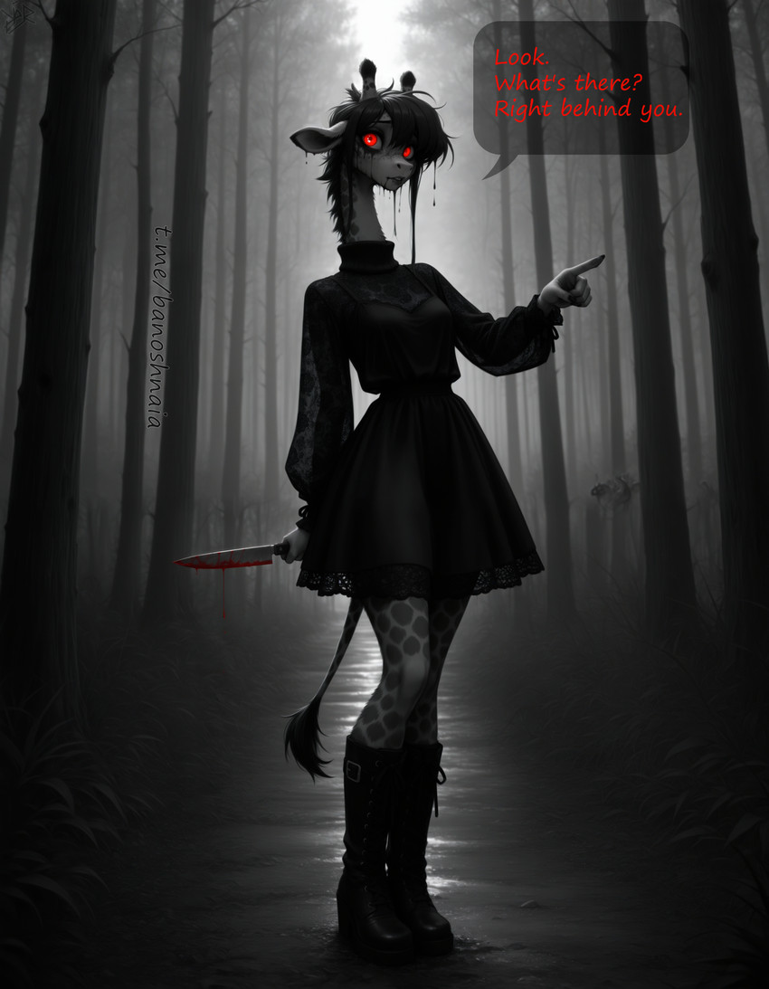 anthro blood bodily_fluids boots clothing darkness dress female footwear forest gesture hair holding_object knife plant pointing red_eyes short solo tree djar17 giraffe giraffid mammal absurd_res hi_res monochrome