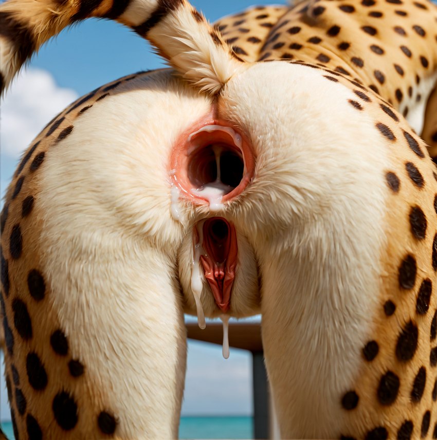 after_anal after_sex after_vaginal anthro anus bent_over bodily_fluids butt close-up cum cum_drip cum_in_ass cum_inside dripping female gaping gaping_anus gaping_pussy genital_fluids genitals outdoors pussy realistic solo tacitus_kilgore cheetah felid feline mammal hi_res