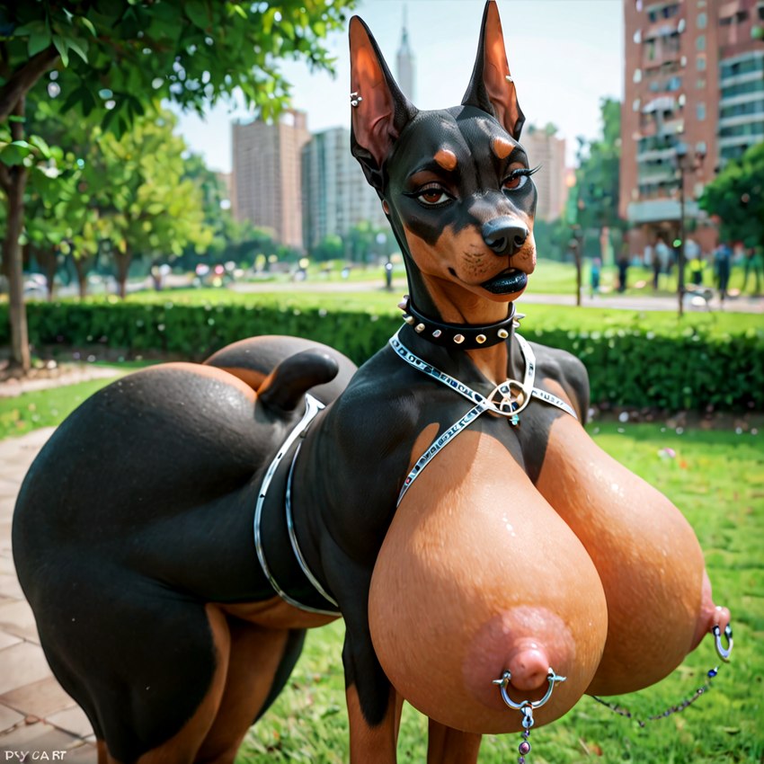 big_breasts big_butt black_lips breasts busty_feral butt collar eyelashes female feral harness huge_breasts huge_butt lips looking_at_viewer nipple_piercing nipple_ring nipples outside park piercing ring_piercing solo spiked_collar spikes thick_bottom_lip thick_thighs wide_hips natox canid canine canis dobermann domestic_dog mammal pinscher