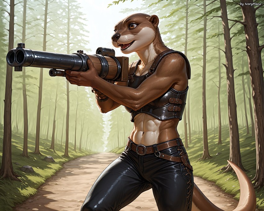 abs anthro armor athletic belt belt_buckle black_bottomwear black_clothing black_finger_claws black_lips black_nose black_topwear bottomwear breasts brown_body brown_eyes brown_fur chest_tuft clothing countershade_face countershade_neck countershade_tail countershade_torso countershading day eyebrows female footpath forest forest_background fur grass gun hairless holding_object holding_weapon lips nature nature_background open_mouth otter_tail outside pants plant ranged_weapon rock shoulder_tuft small_breasts solo three-quarter_view topwear tree tuft weapon whisker_spots whiskers white_body white_countershading ivorymane lutrine mammal mustelid river_otter watermark