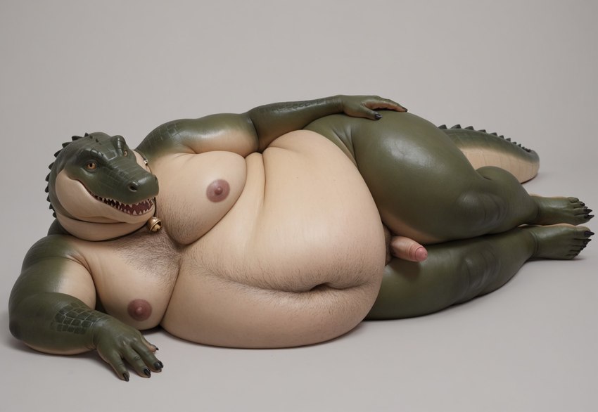 anthro bed bell bell_collar belly belly_overhang big_butt body_hair butt chest_hair claws collar fat_rolls furniture genitals green_body green_scales hand_on_butt long_tail lying lying_on_side male moobs morbidly_obese navel nipples obese overweight overweight_anthro overweight_male penis photorealism photorealistic realism realistic scales sharp_teeth simple_background small_penis solo teeth thick_thighs white_body white_scales anonymous_director alligator alligatorid crocodilian reptile scalie hi_res