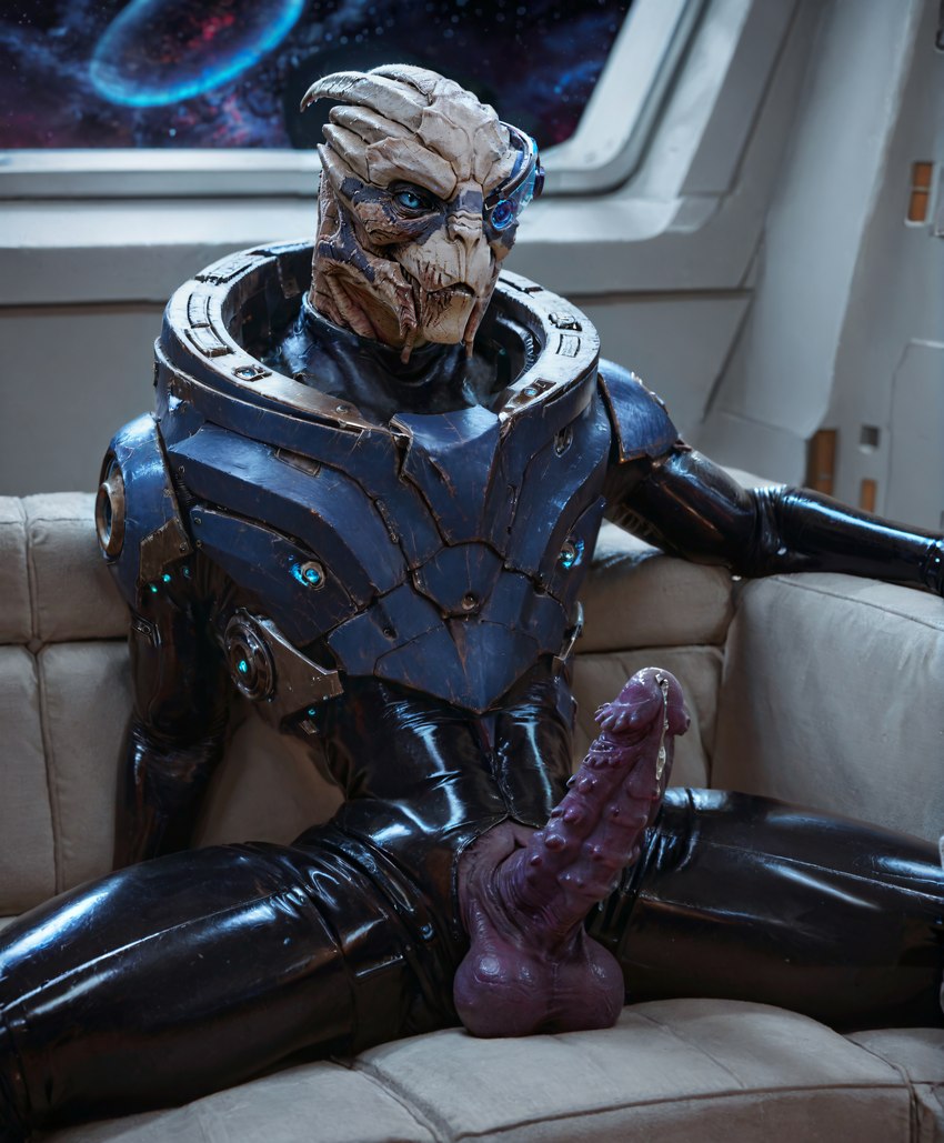 anthro armor balls black_body blue_eyes bodily_fluids erection furniture futuristic futuristic_armor genital_fluids genitals head_markings latex_clothing male markings mass_effect metal metal_armor penis precum ridged_penis science_fiction sitting sofa solo space unusual_anatomy unusual_genitalia unusual_penis purrfectlyai garrus alien turian absurd_res hi_res