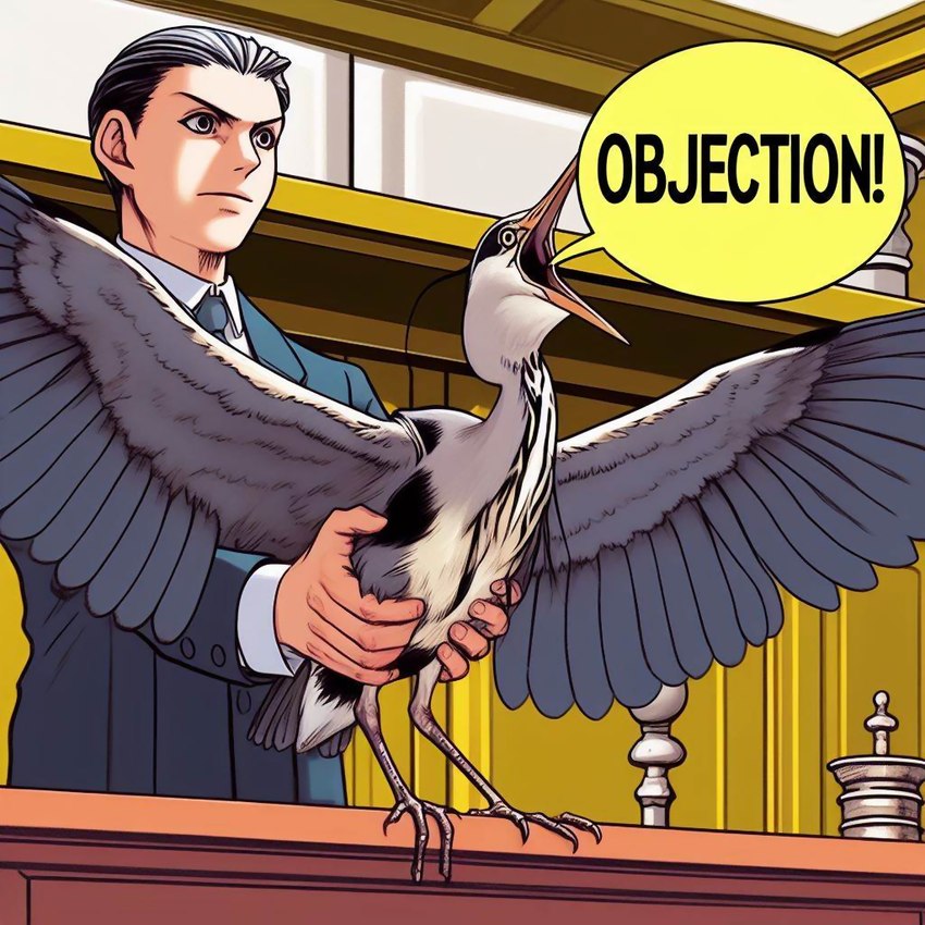 beak carrying_another clothing court_room duo feral humor male open_mouth parody suit text yelling terraraptor phoenix_wright avian bird heron human mammal pelecaniform