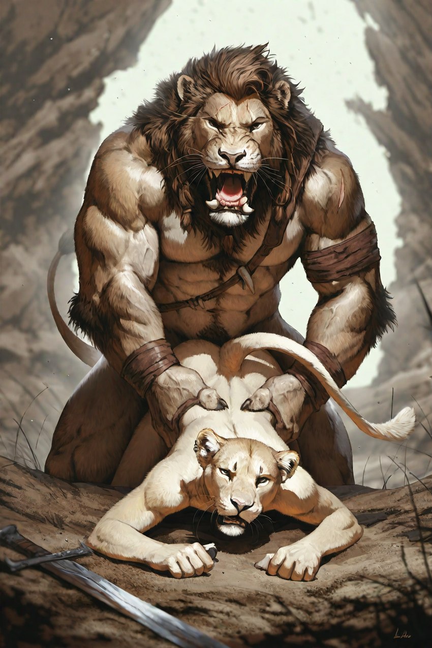 ambiguous_penetration anthro barbarian duo female from_behind_position front_view male male/female melee_weapon penetration rough_sex sex sword weapon hyperion felid feline lion mammal pantherine hi_res