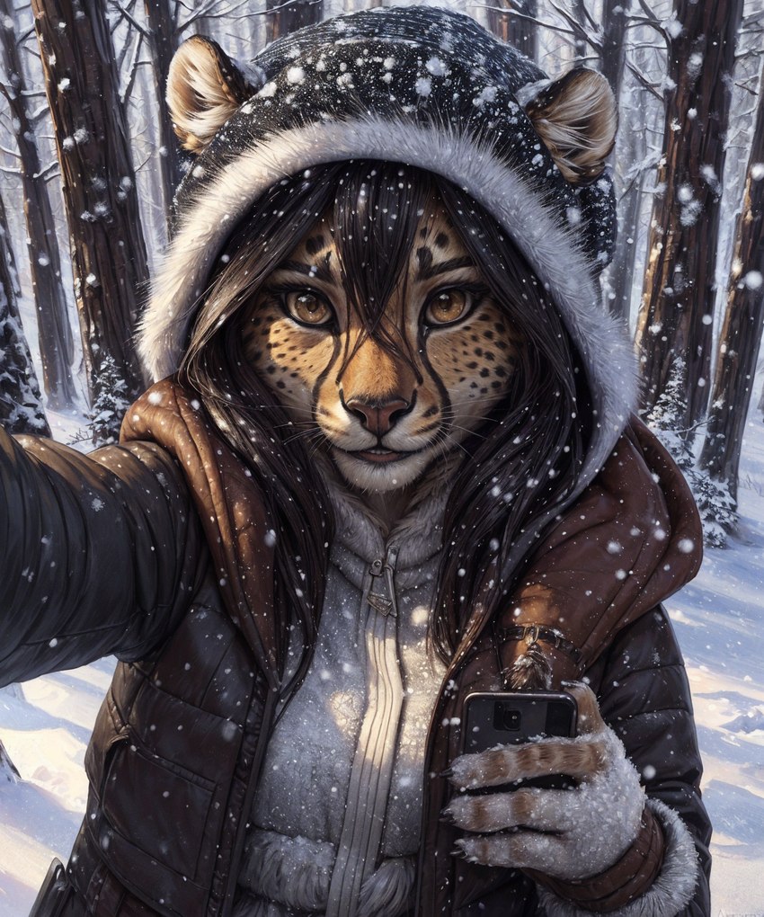 anthro black_hair clothing female forest fur hair hat headgear headwear hood jacket nose orange_body orange_fur phone plant snow solo sweater teeth topwear tree winter yellow_eyes cheetah felid feline mammal hi_res