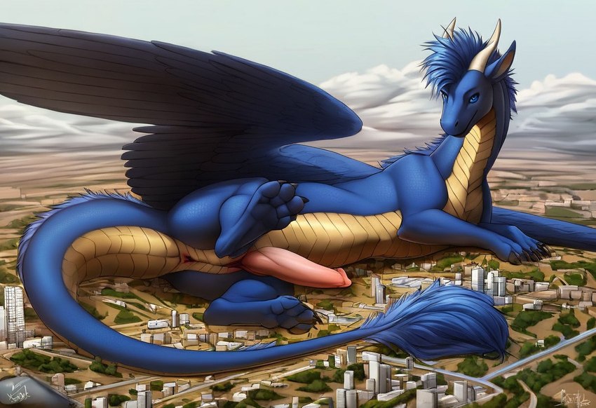 4_toes belly belly_scales blue_body blue_mane city digitigrade feathered_wings feathers feet female feral genitals horn landscape_dwarfing looking_at_viewer lying macro mane on_side penis quadruped scales tail_tuft thick_tail toes tuft white_horn wings yellow_belly saphira_(eragon) dragon scalie western_dragon